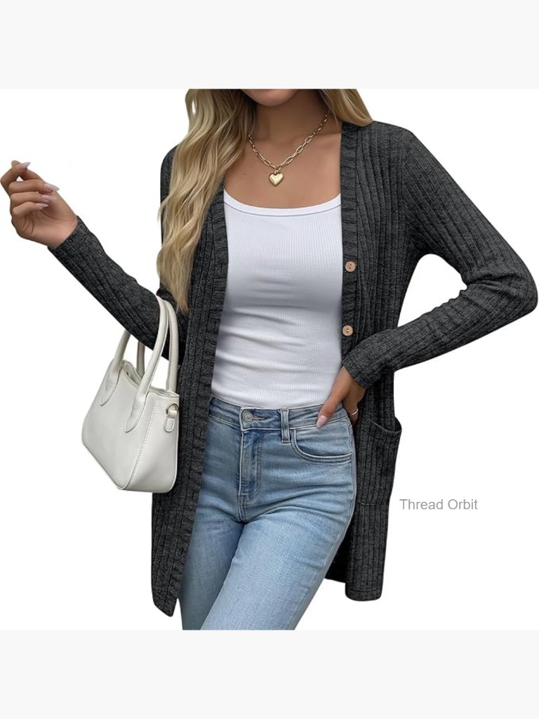 Large Ribbed Cardigan With Pockets, Loose Fit, Long Sleeve Open Front Sweater